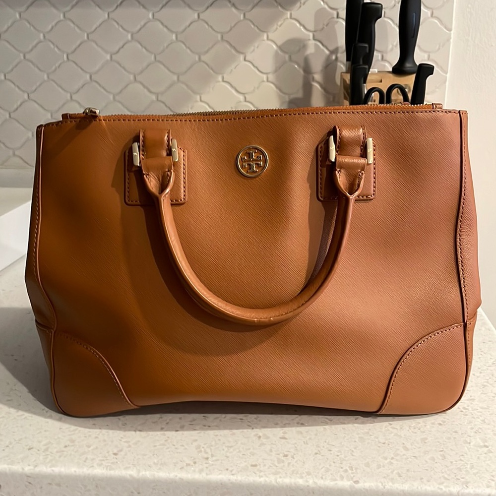 Large brown Tory Burch Double Zipper Robinson tote